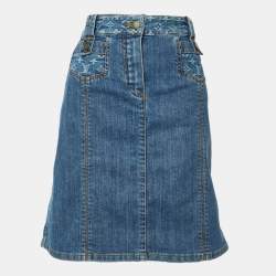 Louis Vuitton Blue Washed Denim Logo Jacquard Detail Skirt L