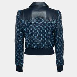 Pre Owned Louis Vuitton Navy Blue Monogram Leather Zip-Up Jacket S