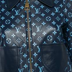 Pre Owned Louis Vuitton Navy Blue Monogram Leather Zip-Up Jacket S