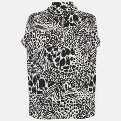Louis Vuitton Black/White Printed Silk Metal Neck Detail Top M