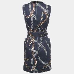 Louis Vuitton Navy Blue Chain Print Cotton Belted Mini Dress S