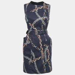 Louis Vuitton Navy Blue Chain Print Cotton Belted Mini Dress S