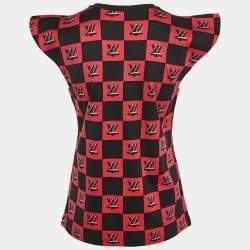 Louis Vuitton Black/Red Logo Checkered Jersey Cap Sleeve Top M