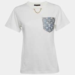 Louis Vuitton White Cotton Logo Jacquard Denim Pocket Detail T-Shirt XS