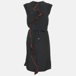Louis Vuitton Black Silk Contrast Trim Detail Belted Midi Dress M