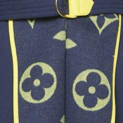 Louis Vuitton Navy Blue Monogram Collar Wool Felt Belted Coat L