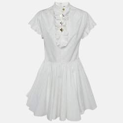 Louis Vuitton White Logo Dobby Cotton Ruffled Mini Dress M