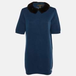 Louis Vuitton Blue Cashmere Knit Mink Collared Mini Dress L