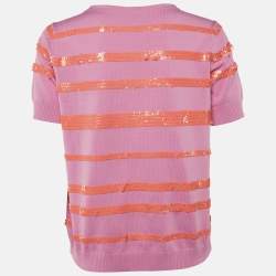 Pre Owned Louis Vuitton Pink Sequin Striped Knit Short Sleeve Jumper L