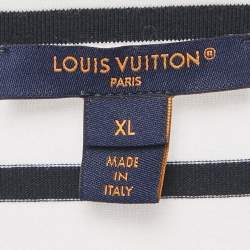 Pre Owned Louis Vuitton White & Navy Blue Striped Cotton Knit Chain Detail Dress XL