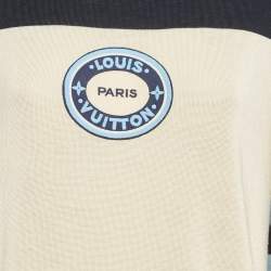 Pre Owned Louis vuitton Cream/Blue Applique Stretch Knit T-Shirt Dress L