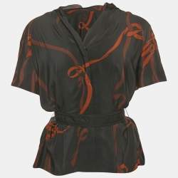 Pre Owned Louis Vuitton Black Printed Silk Tie Waist Short Sleeve Blouse S