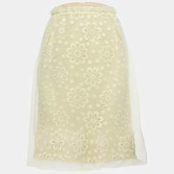 Pre Owned Louis Vuitton Yellow Floral Embroidered Organza Pencil Skirt M