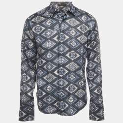 Pre Owned Louis Vuitton Blue/Grey Logo Print Cotton Long Sleeve Shirt M