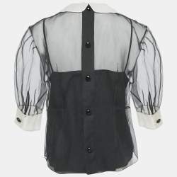 مملوكة مسبقًا بلوزة لويس فيتون كريب شفاف أسود بأكمام منفوخة مقاس متوسط