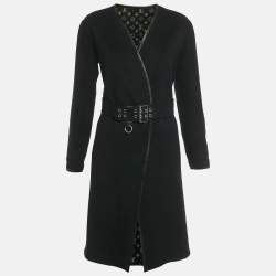 Pre Owned Louis Vuitton Black Wool Open Front Belted Leather Trim Coat S 