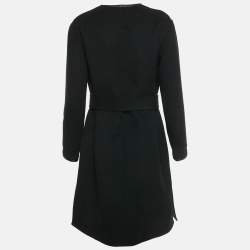 مملوكة مسبقًا Louis Vuitton Black Wool Open Front Belted Leather Trim Coat S 