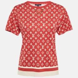 Pre Owned Louis Vuitton Red Logo Print Cotton Knit Chain Detail Crew Neck T-Shirt XS