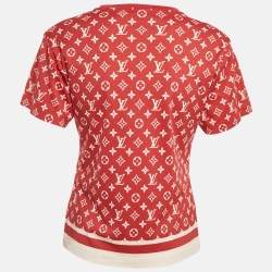 مملوكة مسبقًا Louis Vuitton Red Logo Print Cotton Knit Chain Detail Crew Neck T-Shirt XS