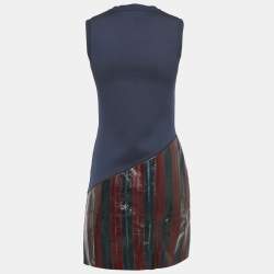 Pre Owned Louis Vuitton Navy Blue Leather Trim Mini Dress S