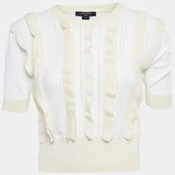 Pre Owned Louis Vuitton White /Cream Knit Ruffled Top XS