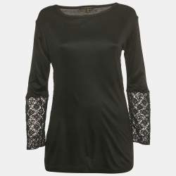Pre Owned Louis Vuitton Black Lace Detail Jersey Top XS