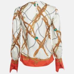 مملوكة مسبقًا Louis Vuitton Cream Belt Print Silk Blouse S