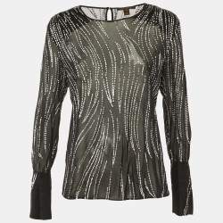 Pre Owned Louis Vuitton Black Glitter Print Mesh Sheer Top L