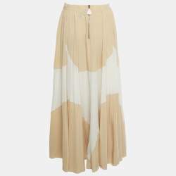 Pre Owned Louis Vuitton Beige /White Abstract Print Silk Pleated Maxi Skirt S