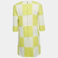 Pre Owned Louis Vuitton White /Yellow Checkered Print Crepe Shift Mini Dress S 