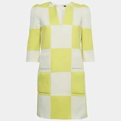 Pre Owned Louis Vuitton White /Yellow Checkered Print Crepe Shift Mini Dress S 