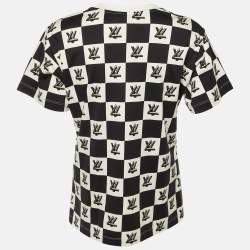 Pre Owned تي شيرت لوي فيتون قطن أسود/أبيض بتصميم مربعات قفل ملتوي ياقة مستديرة مقاس متوسط