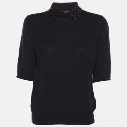 Pre Owned Louis Vuitton Navy Blue Wool Detachable Collar Tops S