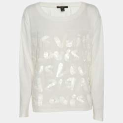 Pre Owned Louis Vuitton Cream Jersey Sequins Logo Top S 