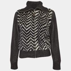 مملوكة مسبقًا Louis Vuitton Black Fur Trim Rib Knit Zip-Up Cardigan XS