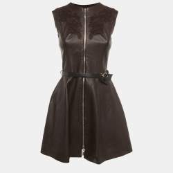 Pre Owned Louis Vuitton Brown Leather Belted Lace Detail Mini Dress S 