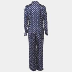 Pre Owned Louis Vuitton Navy Blue Monogram Silk Button Up Shirt & Pants Suit S/M