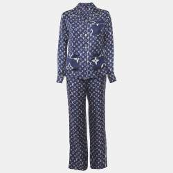 Pre Owned Louis Vuitton Navy Blue Monogram Silk Button Up Shirt & Pants Suit S/M