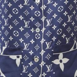 Pre Owned Louis Vuitton Navy Blue Monogram Silk Button Up Shirt & Pants Suit S/M