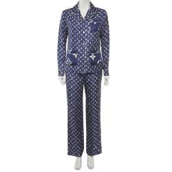 Pre Owned Louis Vuitton Navy Blue Monogram Silk Button Up Shirt & Pants Suit S/M