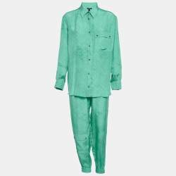 Pre Owned Louis Vuitton Green Monogram Silk Shirt and Trouser Suit S/M