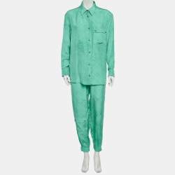 Pre Owned Louis Vuitton Green Monogram Silk Shirt and Trouser Suit S/M