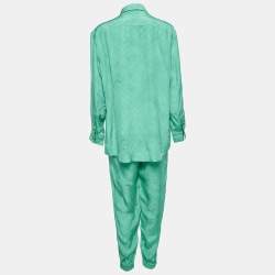 Pre Owned Louis Vuitton Green Monogram Silk Shirt and Trouser Suit S/M
