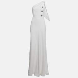 Pre Owned Louis Vuitton Off-White Crepe One Shoulder Maxi Dress S