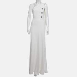 Pre Owned Louis Vuitton Off-White Crepe One Shoulder Maxi Dress S