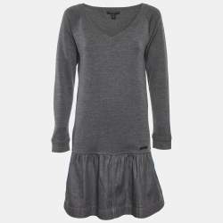 Pre Owned Louis Vuitton Grey Wool Knit and Cotton Pleated Short Dress M