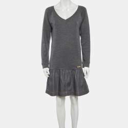 Pre Owned Louis Vuitton Grey Wool Knit and Cotton Pleated Short Dress M