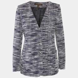 مملوكة مسبقًا جاكت لوي فيتون أزرار أمامية منقوش أبيض-كحلي مقاس كبير