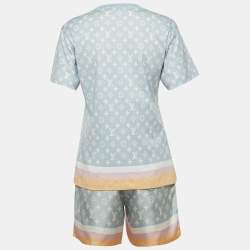 مملوكة مسبقًا طقم قميص جيرسي وحرير بنمط لويس فيتون بلون أزرق بمقاس صغير