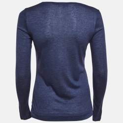 Pre Owned Louis Vuitton Navy Blue Jersey Crew Neck Top M